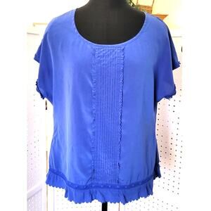 Womens Elevated Blue Silk Short Sleeve Top Blouse Sz L Lace Ruffles Detailing